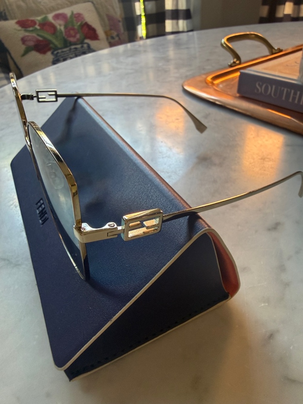 Fendi Gold Frame Sunglasses with Blue Lenses and Signature FF Pattern - Picture 3 of 5